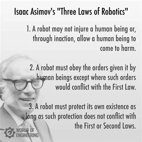Asimov's Three Laws of Robotics : (1) a robot may not injure a human being or, through inaction, allow a human being to come to harm; (2) a robot must obey the orders given it by human beings except where such orders would conflict with the First Law; (3) a robot must protect its own existence as long as such protection does not conflict with the First or Second Law.