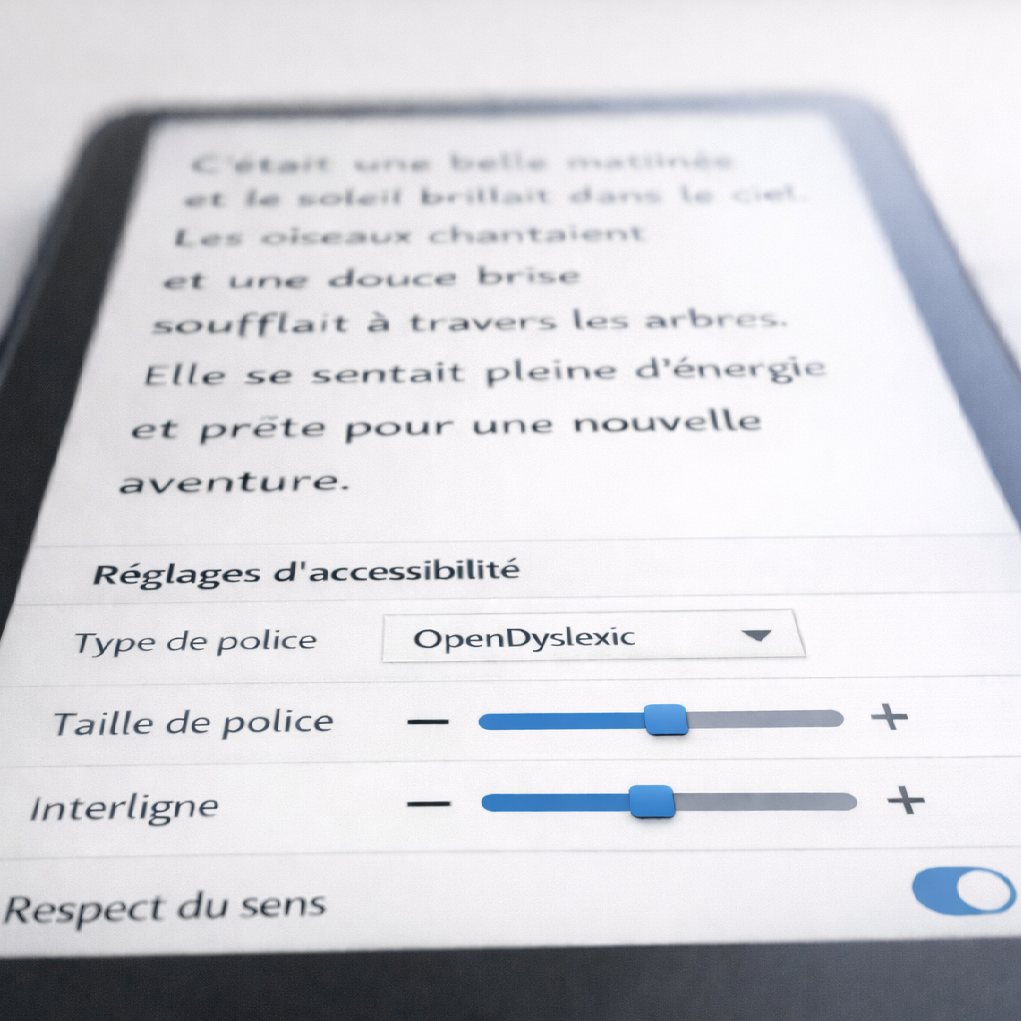 Livre numérique sur tablette, avec des fonctions d'accessibilité